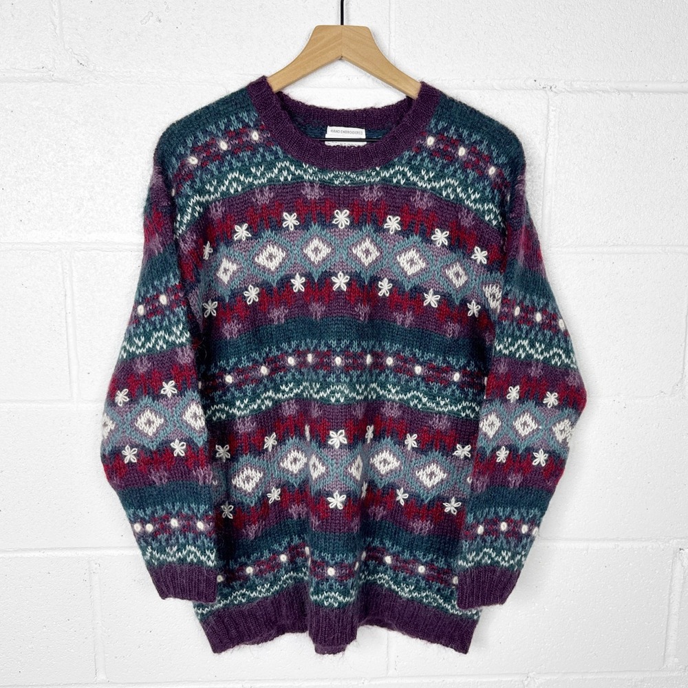 Vintage Hand Embroidered Mohair Wool Sweater‎ Women's Size M